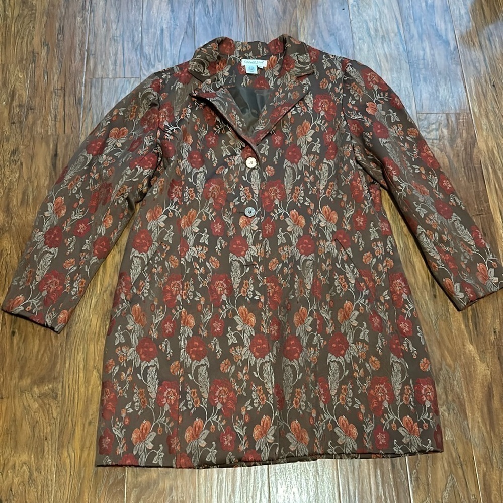 Coldwater Creek Red and Tan Trench Coat with Vintage Floral Design